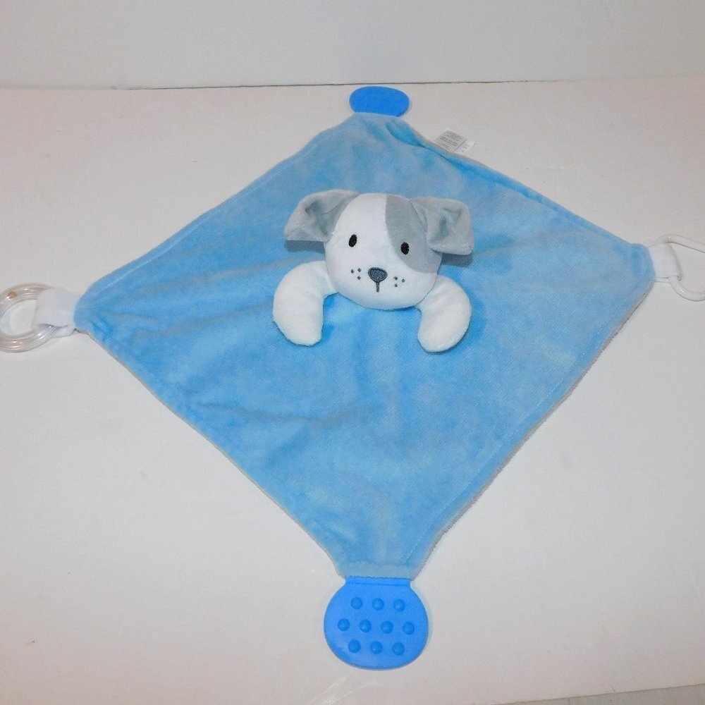 Modern Baby Blue Gray White Plush Puppy Dog Security Blanket Teether Rattle nunu